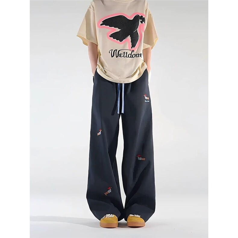 藏青色腊肠狗刺绣拼接卫裤男款直筒美式弯刀裤子宽松阔腿休闲长裤，女装休闲裤，星座1210-1