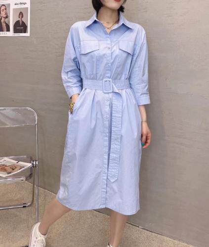 XL9905春季新款时尚气质优雅系带收腰显瘦衬衫双口袋连衣裙,女装衬衫,L·H·X
