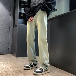 牛仔裤男春秋新款美式高街vibe水洗做旧裤脚拉链开叉直筒休闲长裤图片
