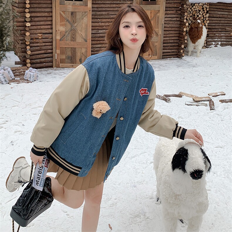 雪景牛仔加棉棒球服外套（玩偶可拆卸）显瘦百搭时尚，女装棉衣/棉服，天使之佳话