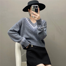 HE|feerdao拼色设计baby山羊绒衫女V领加厚针织衫宽松撞色毛衣，女装针织衫/毛衣，国旺羊绒