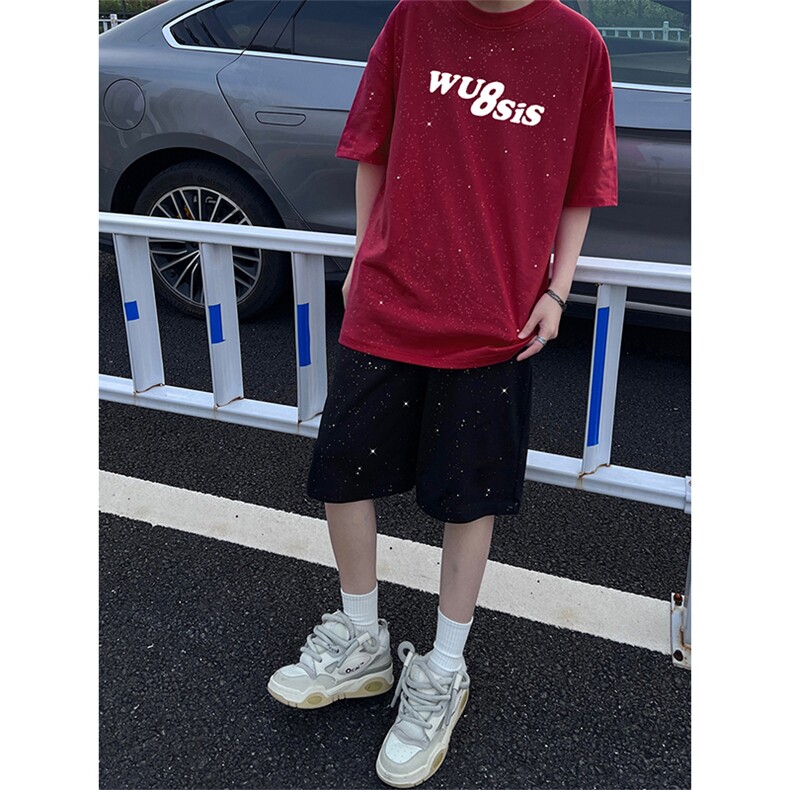 可48小时发货支持抖音得物来样二开美式满天星亮片短袖T恤MTX719,男装T恤,电商A486-1