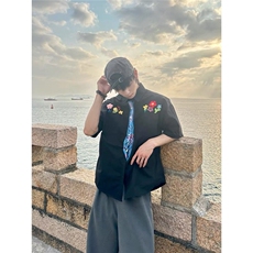 夏季新款蜡笔涂鸦手绘领带短袖衬衫男款日系宽松休闲情侣小众衬衣，男装T恤，星座601-1