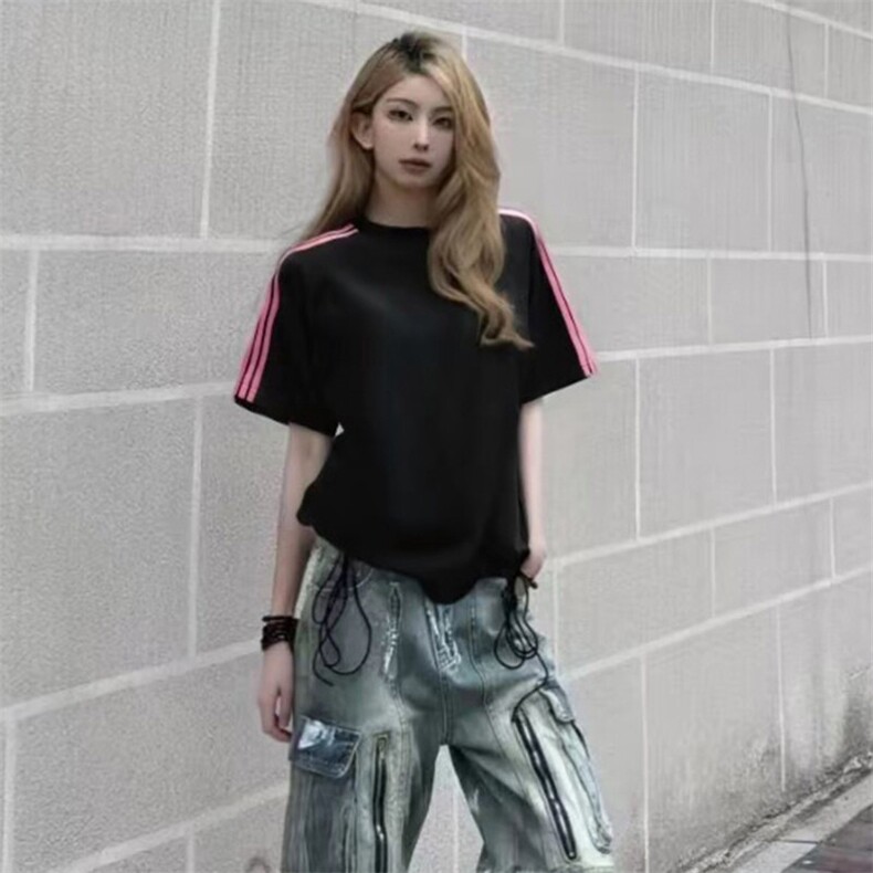 抖音得物品质二开240克宽松纯棉美式潮牌印花三条杠中性风短袖T恤,男装T恤,电商A486-1
