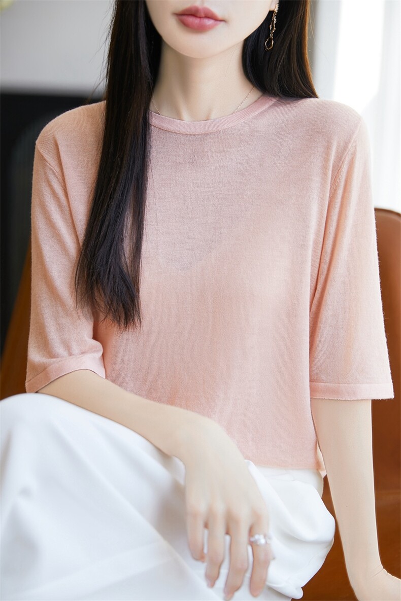 精纺羊毛薄款五分袖针织衫女T恤2025新款宽松显瘦半袖打底上衣t恤,针织衫/毛衣,暖烁羊绒
