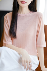 精纺羊毛薄款五分袖针织衫女T恤2025新款宽松显瘦半袖打底上衣t恤图片
