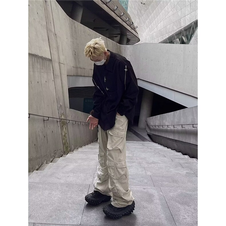 C689-P42小众金属拉链长袖衬衫男秋季美式高街痞帅宽松高级,男装T恤,电商B323A