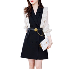 2025春季韩版西装领拼接荷叶边领假两件双排扣长袖连衣裙，女装连衣裙，施恩睿棋