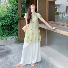 新中式国风套装女2025夏季新款复古气质盘扣旗袍上衣阔腿裤两件套，女装套装/套裙，浙宝301