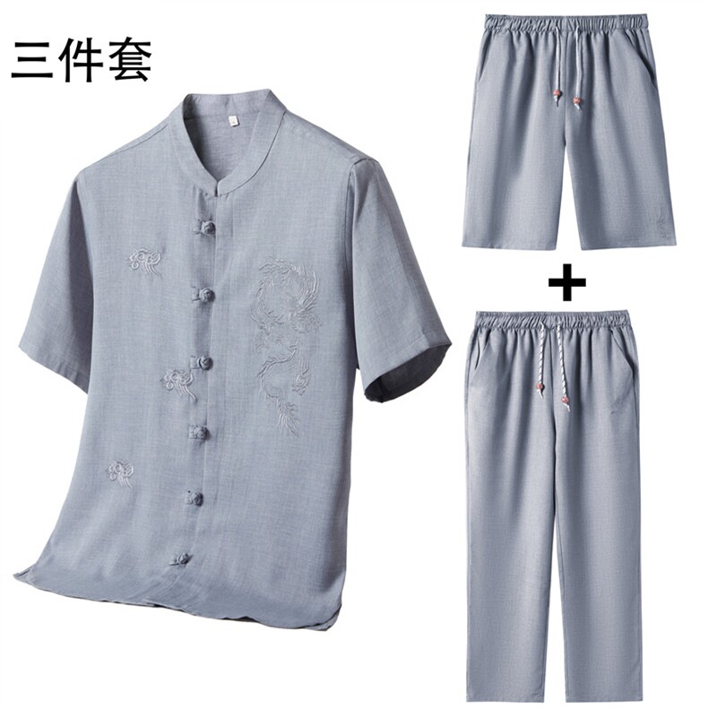 风短袖衬衫唐装长裤三件套男士夏中老年中式汉服MJ5101C-P115,男装衬衫,星座1105-3