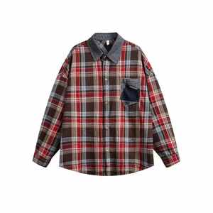 高街牛仔领拼接长袖格子衬衫男潮牌慵懒风宽松格纹衬衣LS559 P37图片