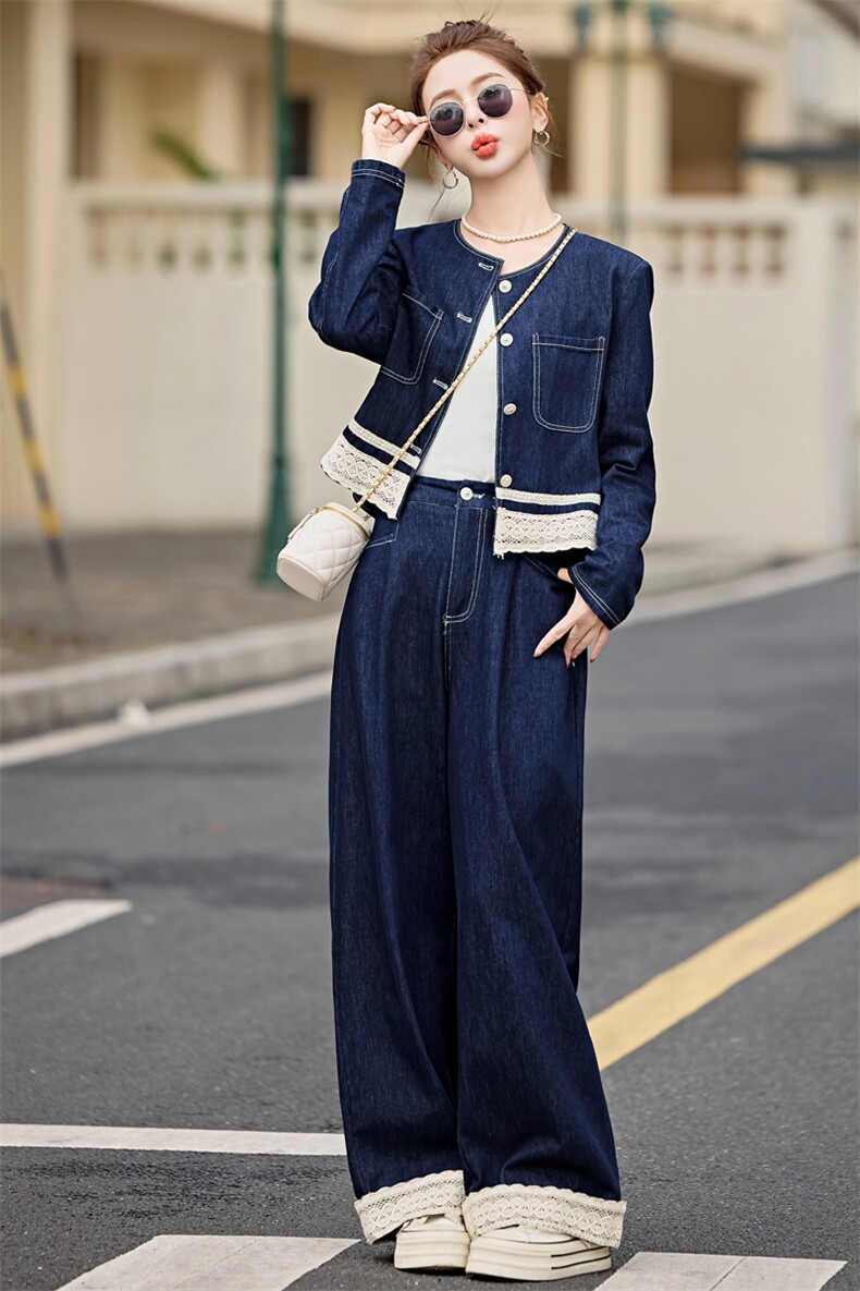 蕾丝拼接牛仔套装女2025春季新款穿搭时尚牛仔外套阔腿长裤两件套,女装套装/套裙,天丽