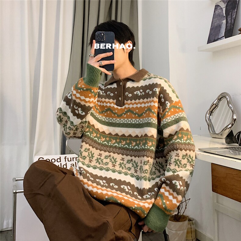 polo翻领毛衣男ins复古慵懒风宽松针织衫秋冬季潮流套头线衣,男装针织衫/毛衣,星座410-7