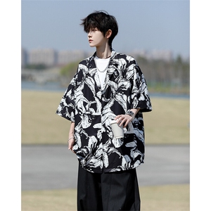8XL-M 冰丝凉感衬衣垂感透气复古花纹宽松男五分袖短袖衬衫CS526图片