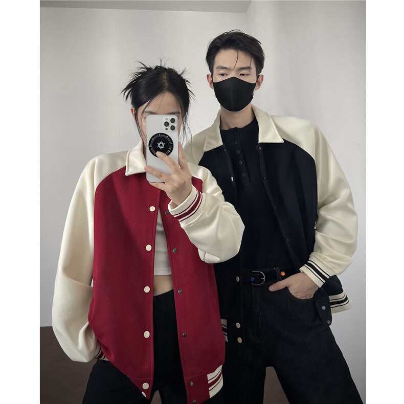 重磅420克boxy短款开衫翻领卫衣外套棒球服撞色外套男 D9898-P68图片