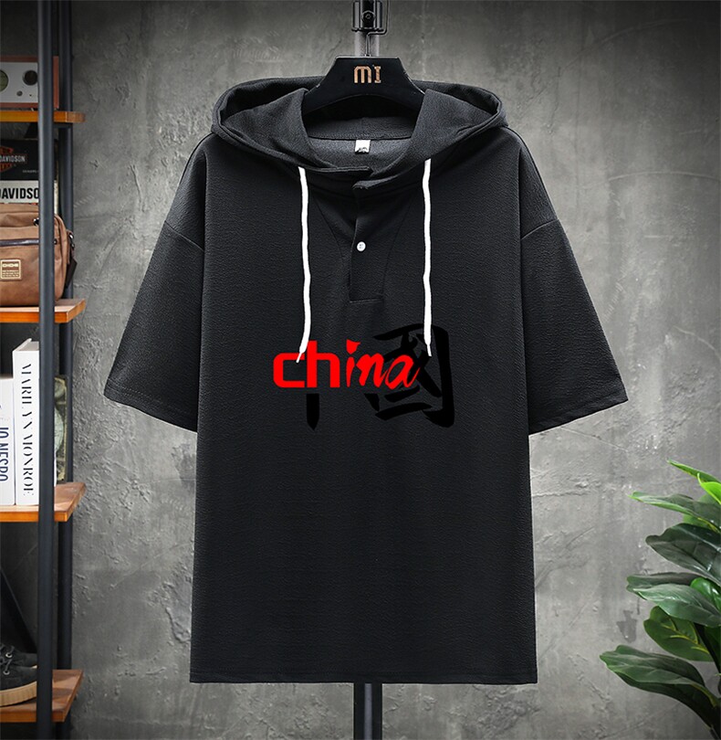 LD54189-P45连帽短袖t恤男大码胖子带帽五分袖中袖展架,男装T恤,电商A040A