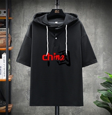 LD54189-P45连帽短袖t恤男大码胖子带帽五分袖中袖展架，男装T恤，电商A040A