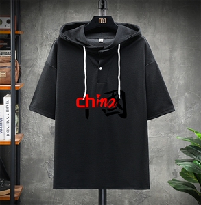 LD54189-P45 连帽短袖t恤男大码胖子带帽五分袖中袖 展架图片