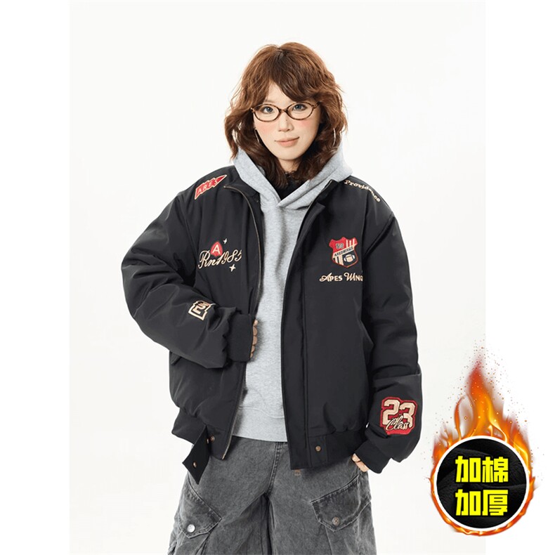 现货高品质美式高街重磅刺绣座山雕大毛毛领棉衣男女加厚棉服外套，男装棉衣，电商A486-1