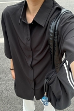 薄款冰丝短袖衬衫男简约纯色垂感休闲痞帅衬衣CS288-P20，男装T恤，星座301C-5