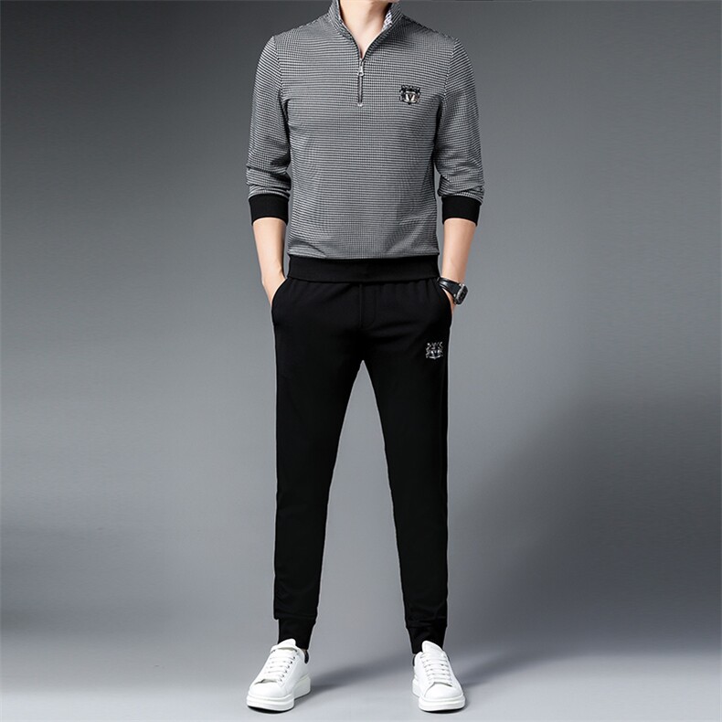2023春季新款运动套装男士翻领高端时尚帅气格子卫衣休闲男两件套，男装休闲套装，电商B212（原钱塘6029）