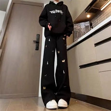 腊肠狗刺绣牛仔裤男款hiphop美式高街裤子设计感小众直筒阔腿长裤，男装休闲裤，星座1210-1