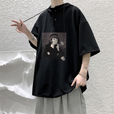 LD54122-P45连帽短袖t恤男大码胖子带帽五分袖中袖大皂风，男装T恤，电商A040