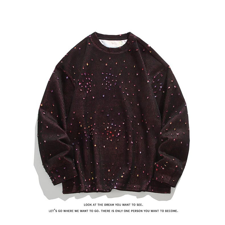 彩色星星提花破洞圆领卫衣男女设计感美式长袖t恤W4682-特价P50,男装T恤,电商A007