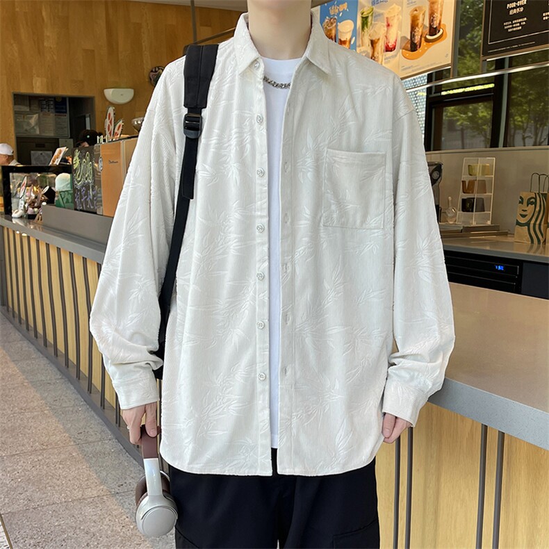 精品秋冬新款港风男大码灯芯绒衬衫外套宽松印花长袖衬衣/851p45,男装衬衫,电商A012