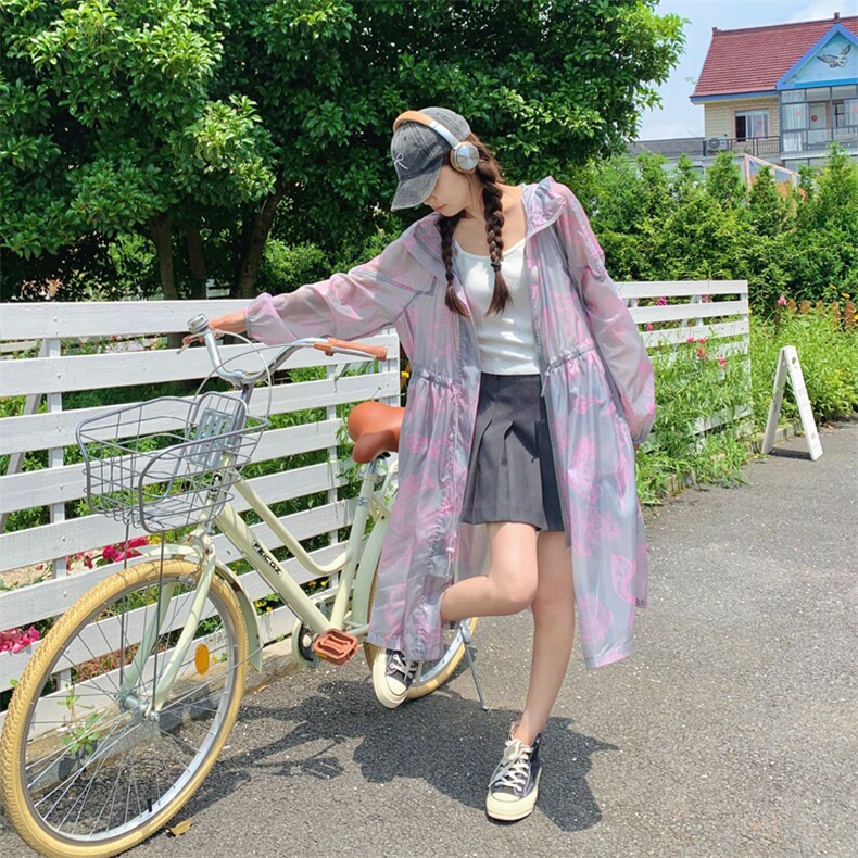 印花中长款26夏季新款时尚薄款连帽防晒衣服女182A8565P115K168,女装防晒衣,浙宝182A