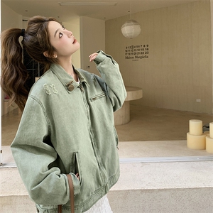 复古水洗做旧绿色牛仔外套女2025春秋季新款宽松休闲短款夹克上衣图片