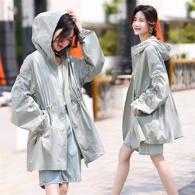有防晒报告】夏末早秋中长款薄风衣外套宽松型夏季防紫外线薄外套，女装风衣，鑫源服饰
