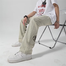美式黄泥牛仔裤高街复古直筒裤潮牌字母休闲牛仔裤AK907-P49，男装牛仔裤，星座1001-1