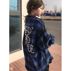 WE1598-P52 重工钉珠格子衬衫短袖男美式潮牌宽松小众设计感衬衣图片