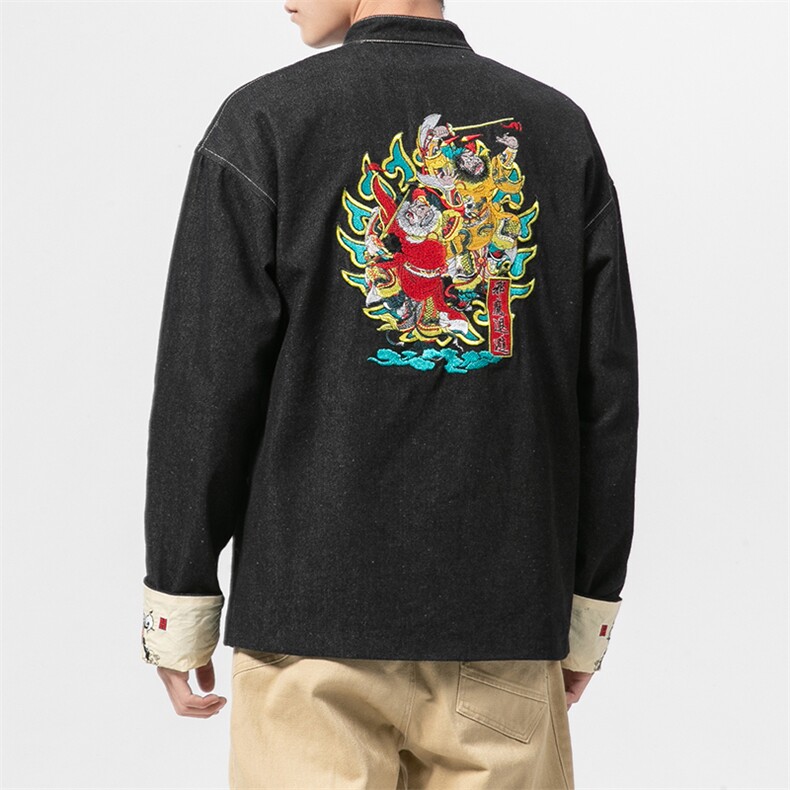 20秋冬大码唐装风牛仔夹克盘扣麒麟刺绣外套汉服JK17/P155,男装夹克,电商A221A