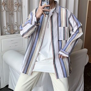 日系简约棉麻拼色彩条纹衬衫男士休闲小清新bf衬衣CS03-p48图片