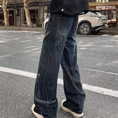 牛仔裤男春秋美式高街痞帅炸街水洗扎染拉链宽松直筒微喇裤子1113，男装牛仔裤，星座506