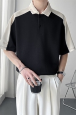 轻熟风ins拼接撞色设计款宽松翻领Polo衫PL61/P55控88，男装Polo衫，电商A243