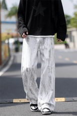 胖胖哥美式扎染牛仔裤男秋季2025新款宽松大码阔腿直筒休闲长裤子，男装牛仔裤，电商A001