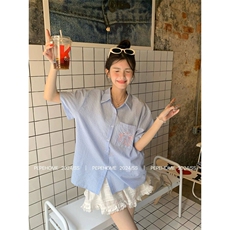 TC544-P45格子衬衫女可爱蝴蝶结刺绣短袖学院风polo领衬衣外套，女装衬衫，星座617A-2
