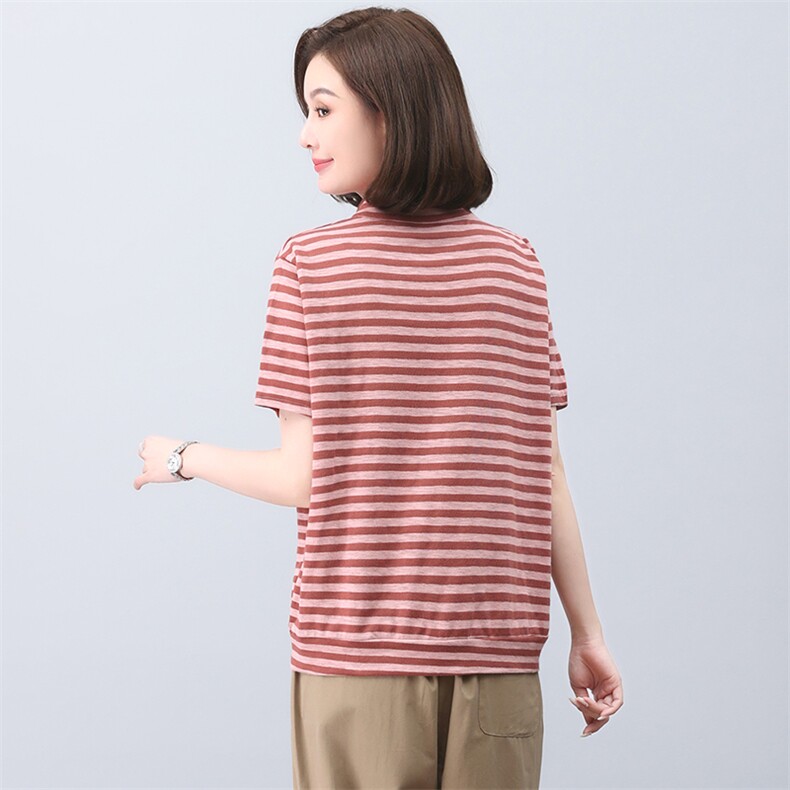 时尚条纹t恤女夏短袖2023新款中年妈妈宽松洋气翻领休闲印花上衣,女装T恤,忆绮罗