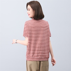 时尚条纹t恤女夏短袖2023新款中年妈妈宽松洋气翻领休闲印花上衣，女装T恤，忆绮罗