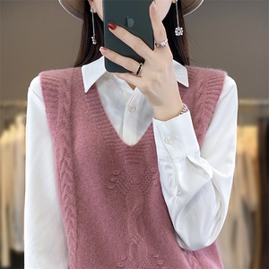重工绞花针织羊毛衫马甲女春秋v领宽松外搭无袖坎肩宽松毛衣背心图片