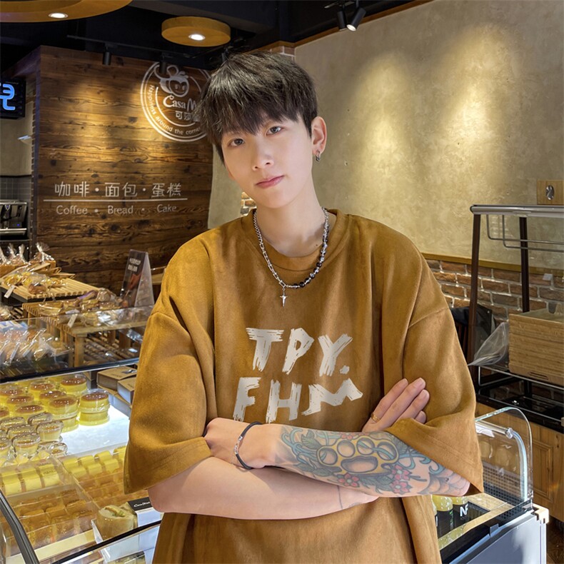 麂皮重磅短袖t恤男生夏季字母印花学生潮牌宽松圆领五分半袖衣服,男装T恤,电商B371