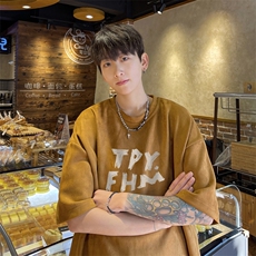 麂皮重磅短袖t恤男生夏季字母印花学生潮牌宽松圆领五分半袖衣服，男装T恤，电商B371