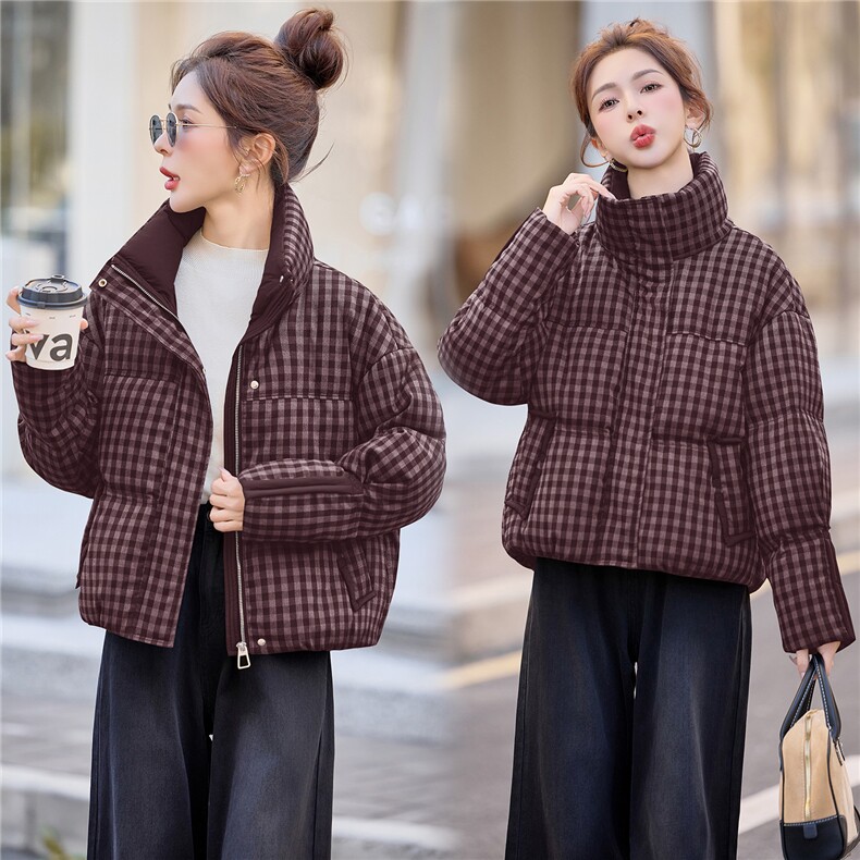 2025冬新款立领短款小格纹白鸭绒羽绒服女,女装羽绒服,余墨