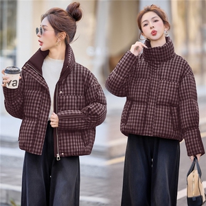2025冬新款立领短款小格纹白鸭绒羽绒服女图片