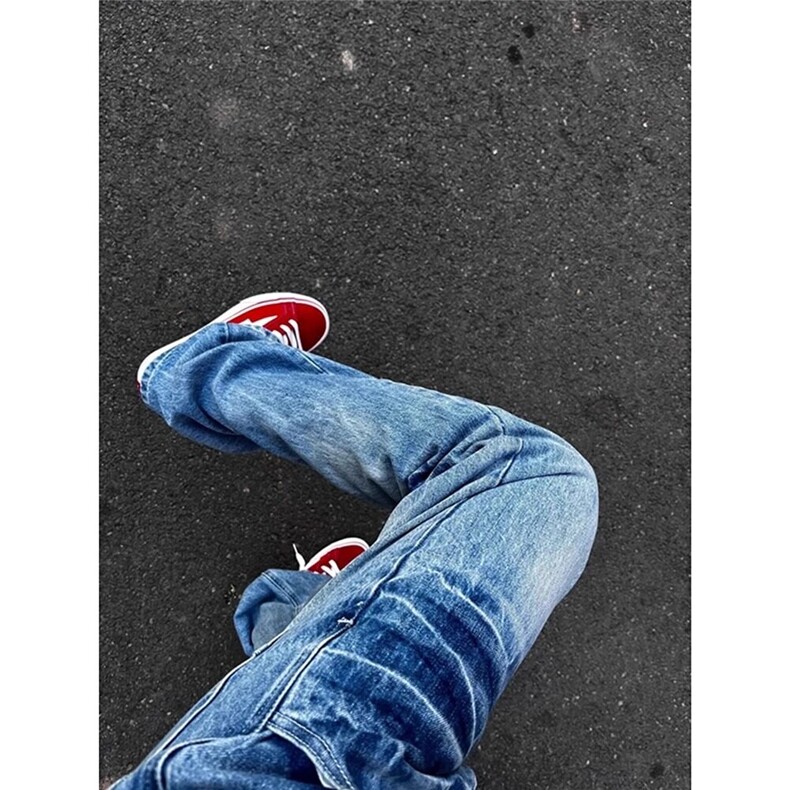 美式高街裂纹水洗做旧蓝色牛仔裤潮牌春秋款垂感痞帅裤子男,男装牛仔裤,星座218-1（原230）