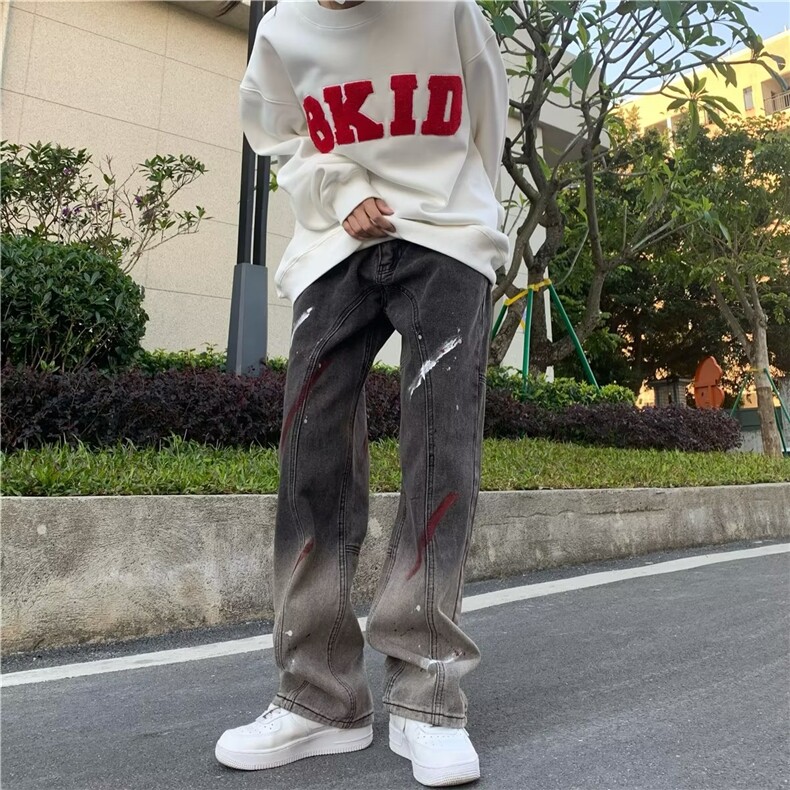 美式牛仔裤男春秋新款休闲直筒裤刺绣泼墨NG39P52图片