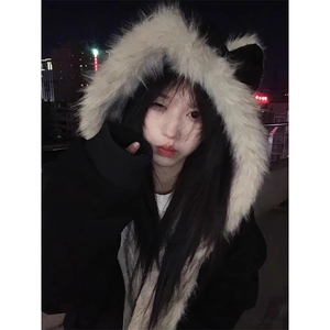现货重磅硬挺boxy羽绒棉衣座山雕猫耳大毛毛领麂皮棉服冬外套图片